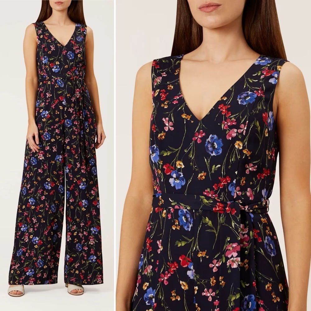 Hobbs London Laura Floral Jumpsuit 4 Small navy sleeveless flowy belted wide leg